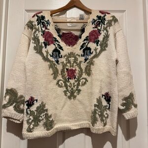 Vintage v neck oversized granny core knit sweater floral 3/4 sleeve cream cotton